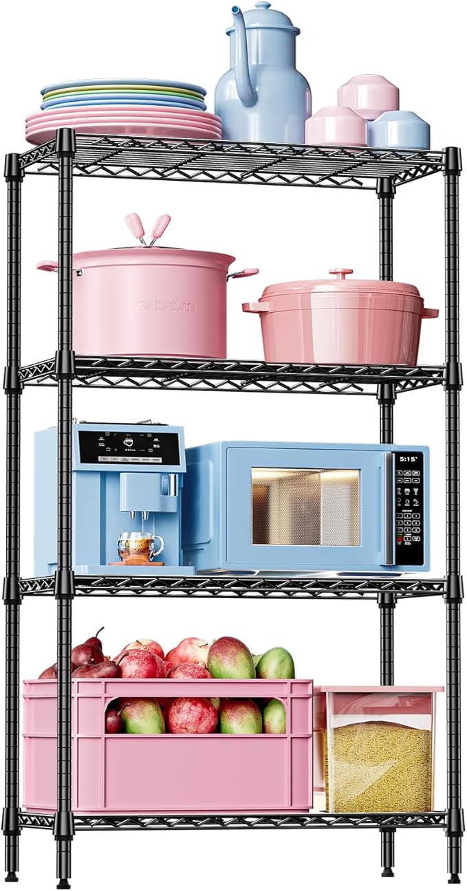 IZEUK 4 Tier Black Metal Storage Shelves, Heavy Duty Wire Shelving Rack by IZEUK