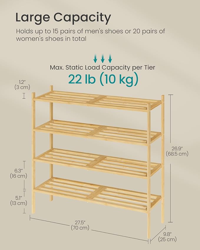 SONGMICS Bamboo Shoe Rack for Closet, Stackable Shoe Oragnizer - Image 3