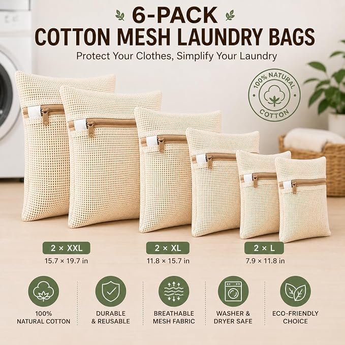 6-Pack Laundry Bags, Durable Cotton Mesh - Image 2