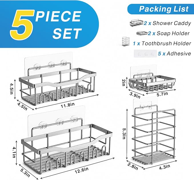 EUDELE 5-Pack Rustproof Stainless Steel Shower Caddy – No Drill Adhesive - Image 6