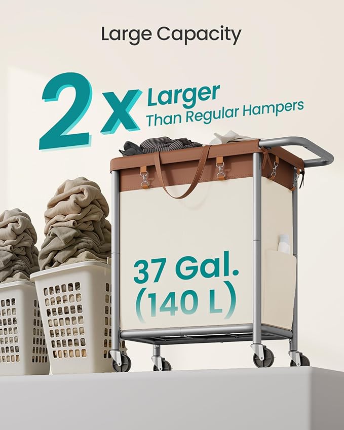 SONGMICS Laundry Basket with Wheels, 2-Section Rolling Laundry Hamper, 37 - Image 3