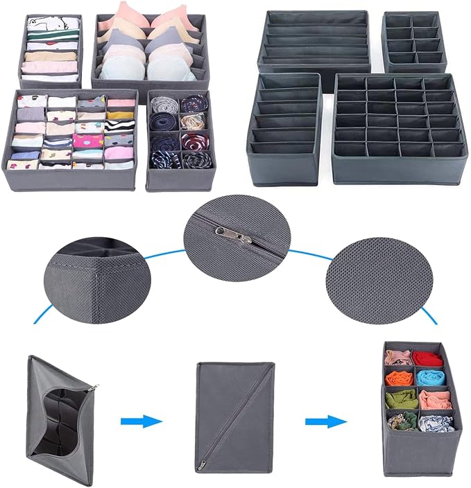 Dresser Drawer Organizer 8 Pack Clothes Underwear Sock Storage Dark Gray Drawer - Image 5