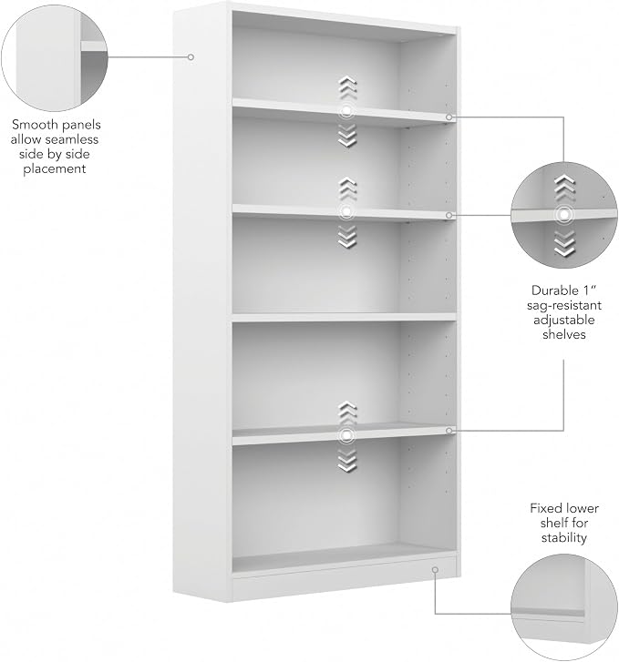 Bush Furniture Universal Tall 5 Shelf Bookcase in White, Vertical Storage and - Image 5