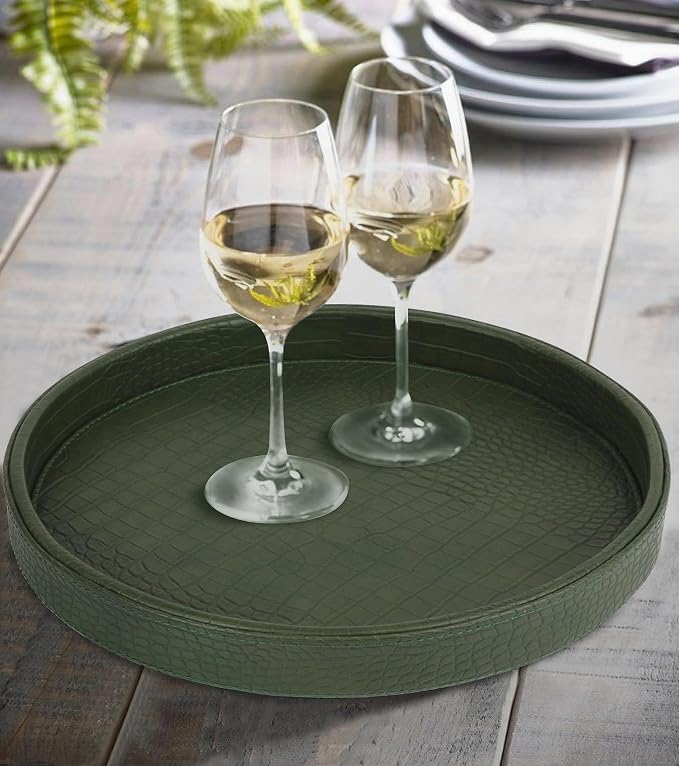HofferRuffer Faux Leather Round Serving Tray, Vegan Croco Leather Decorative - Image 5