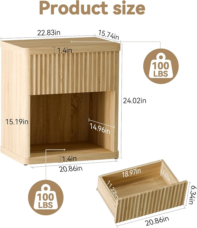 Fluted Nightstands Set of 2, Bedside Tables - Image 3