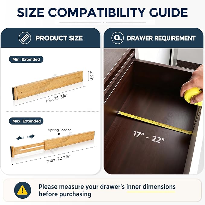 Fabsome Drawer Divider 6 Pack, Bamboo Kitchen Dividers Organizers Adjustable - Image 6