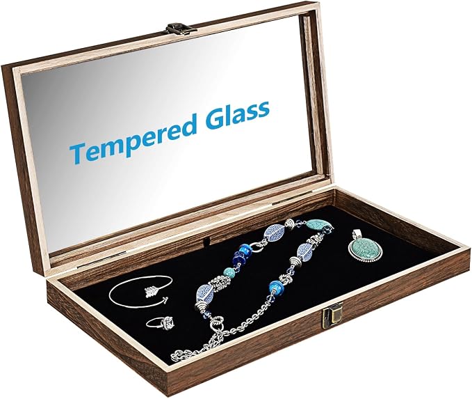 MOOCA 2 Pcs Wooden Jewelry Display Case Tempered Glass Top Lid, Gemstone - Image 3