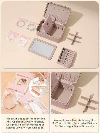 Velvet Travel Jewelry Box with Large Mirror, Double-Layer Jewelry Organizer Case - Image 4