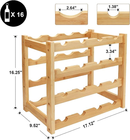 Bamboo Wine Rack, 4-Tier 16 Bottles Wine Storage Cabinet Shelf, Easy-Assembly - Image 2