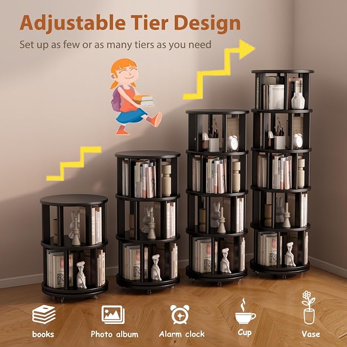 Solid Wood Rotating Bookshelf on Wheels, 5 Tier, Round Revolving Bookcase - Image 7