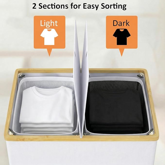 efluky Laundry Hamper with Lid, Double Laundry Basket with 2 Removable Bags - Image 2