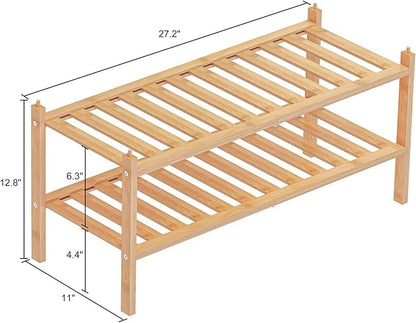 Shoe Rack, 2-Tier Bamboo Stackable Shelf Storage Organizer, Stand - Image 3