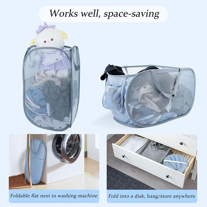 Extra Large Mesh Pop Up Laundry Hamper 2 Pack, 100L Foldable Laundry Baskets - Image 6