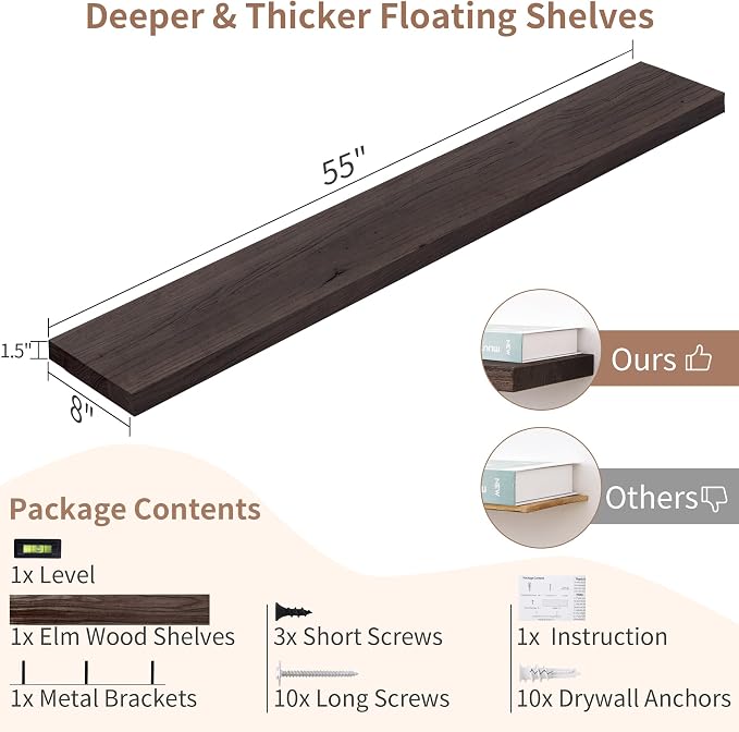 Axeman Floating Shelves for Wall, Rustic Elm Wood 56'' W x 8" D Wall Shelf - Image 3