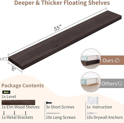 Axeman Floating Shelves for Wall, Rustic Elm Wood 56'' W x 8" D Wall Shelf - Image 3