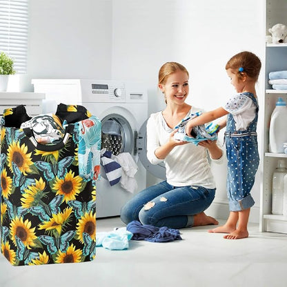 Abstract Sunflower With Blue Butterfly Large Laundry Hamper with Handle - Image 5