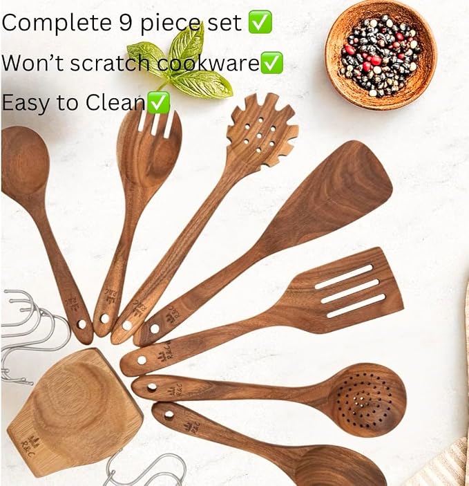 R&C Wooden Kitchen Utensil Set, 9-Piece Teak Cooking Tools - Image 3