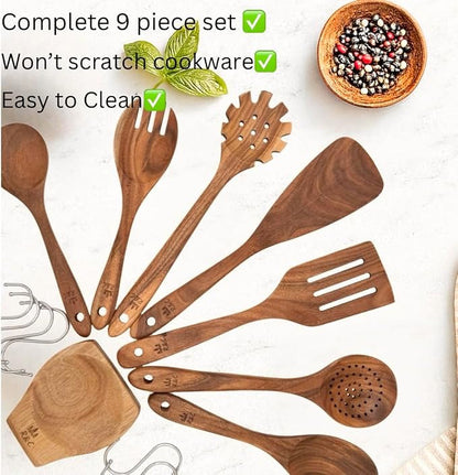R&C Wooden Kitchen Utensil Set, 9-Piece Teak Cooking Tools - Image 3
