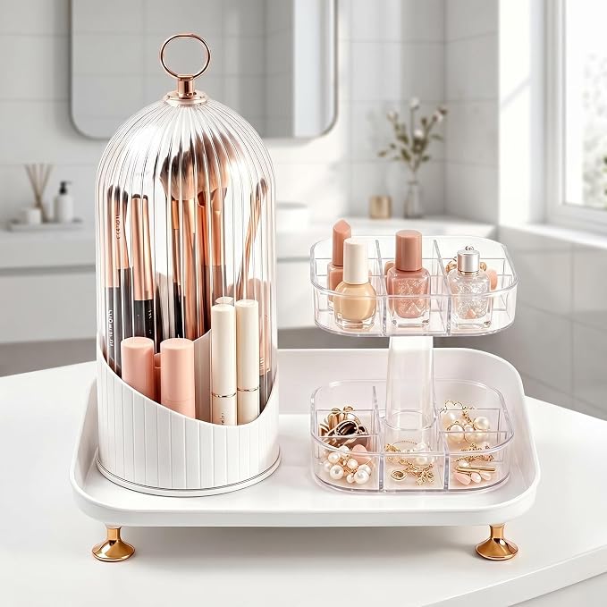 Makeup Brush Holder with Lid, 360 Rotating 3-in-1 Acrylic Organizer - Image 8