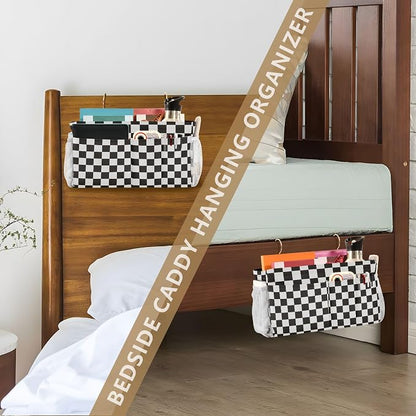Checkered Black Bedside Caddy for Dorm Bed Bedside Hanging Caddy Bag Iron Frame - Image 7