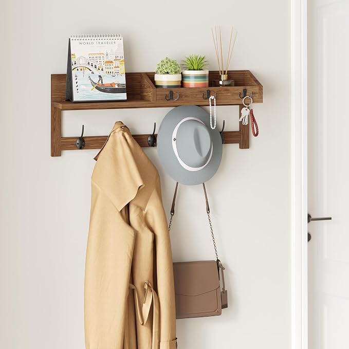AMBIRD Wall Hooks with Shelf 26.57inch Entryway Wall Hanging Shelf Wood Coat - Image 3