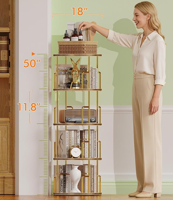 4 Tier Rotating Bookshelf Tower Round Gold, 50” Floor Standing Spinning - Image 2