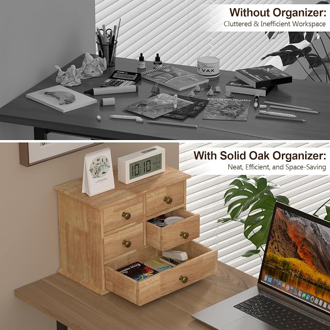 Oak Desk Organizer with Drawers, Durable Wooden Desktop Storage Box | 5 Drawer - Image 5