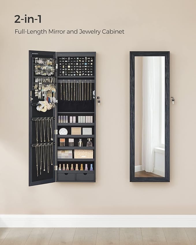 SONGMICS 6 LEDs Mirror Jewelry Cabinet, 47.2-Inch Tall Lockable Wall or Door - Image 3