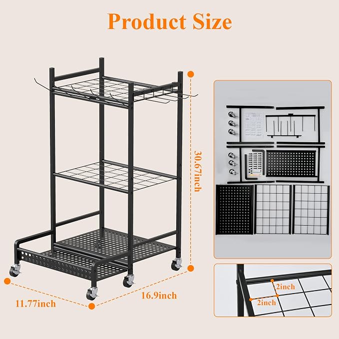 Garden Tool Organizer with Wheels, Heavy-Duty Steel Garage Tool Storage Rack - Image 2