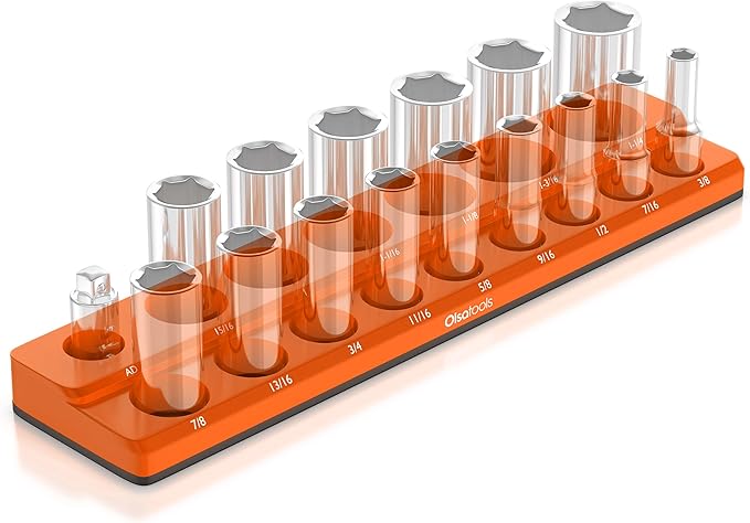 Olsa Tools Magnetic Socket Organizer | 1/2-inch Drive | SAE | Orange | Holds 16 by OlsaTools