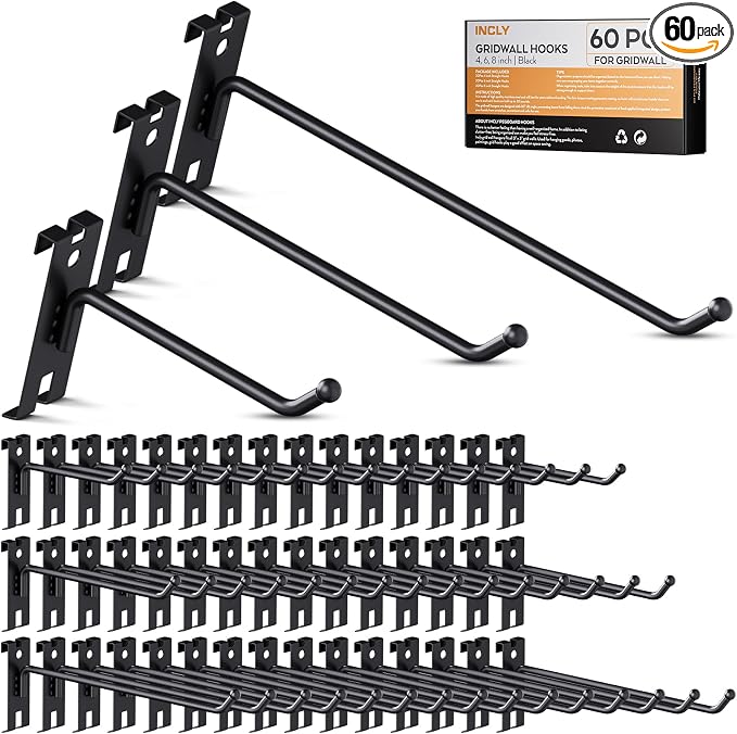 INCLY 4/6/8 Inch Gridwall Hooks, 60 Pack Heavy Duty Black Display Hooks by INCLY