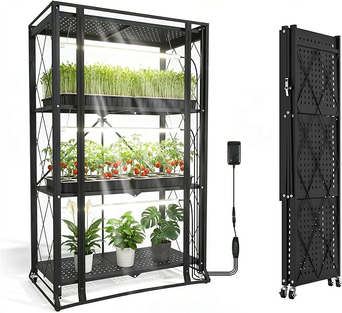 Indoor Greenhouse with Grow Light, 4-Tier Foldable Metal Plant Shelf with Full by Nedechom