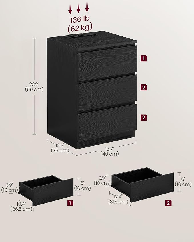 VASAGLE Nightstand with Charging Station, 2 AC Outlets and 2 USB Ports - Image 3