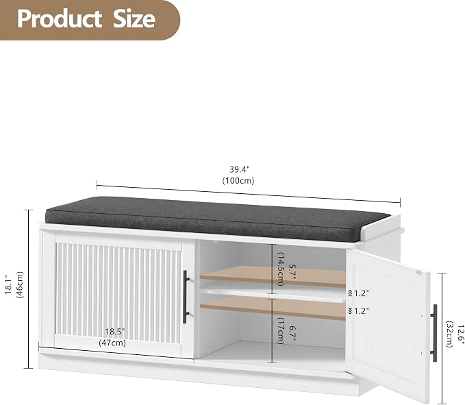 Akxomel 39.4" Fluted Shoe Storage Bench 2 Doors Wooden Entryway Bench White | 2 - Image 3