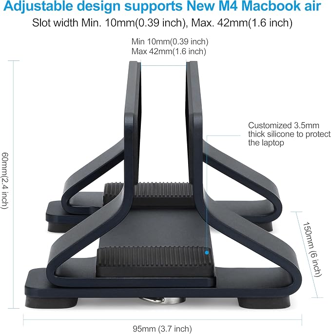 Aluminum Vertical Laptop Stand Dock Holder, Adjustable Slot Width 12-42mm - Image 4