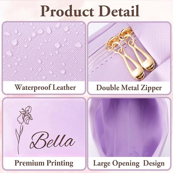 Personalized Makeup Bag with Name & Birth Flower, Custom Leather Cosmetic Bags - Image 5