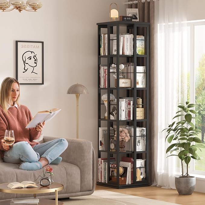 Aheaplus Rotating Bookshelf, Corner Bookcase, 360 Display Wood Spinning - Image 2