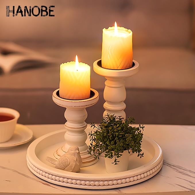 Hanobe Decorative Coffee Table Tray: White Beaded Round Serving Tray Modern - Image 2