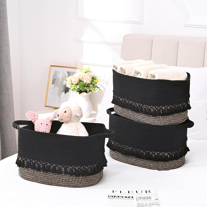 3 Pack Storage Basket for Shelves, Boho Cotton Rope Storage Bins - Image 2