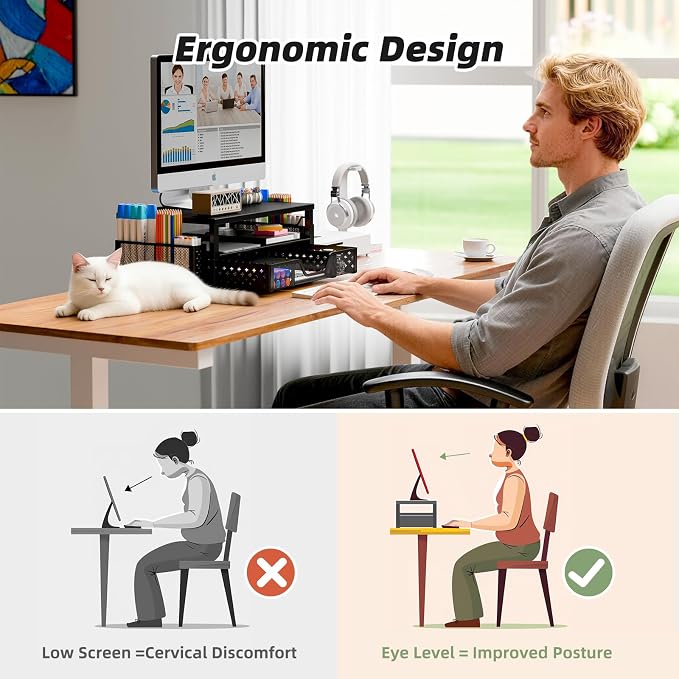 Simple Trending 2-Tier Monitor Stand Riser, Drawer & 2 Pen Holders - Image 5