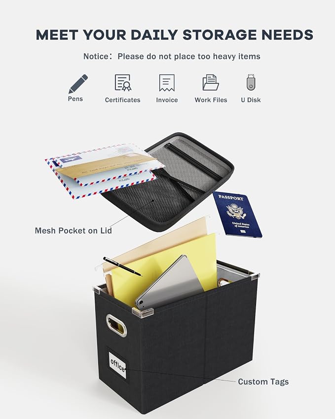 File Organizer Box with Lid, Hanging Filing File Box with Mesh Pocket, Document - Image 4