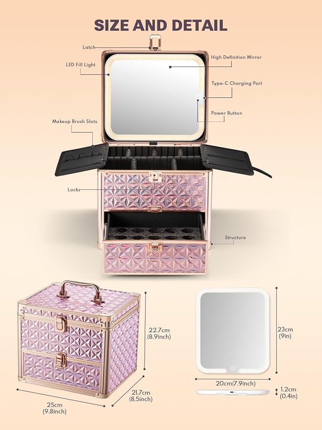 Qislee Makeup Box with Drawer and A Detachable Lighted Mirror, Waterproof - Image 4