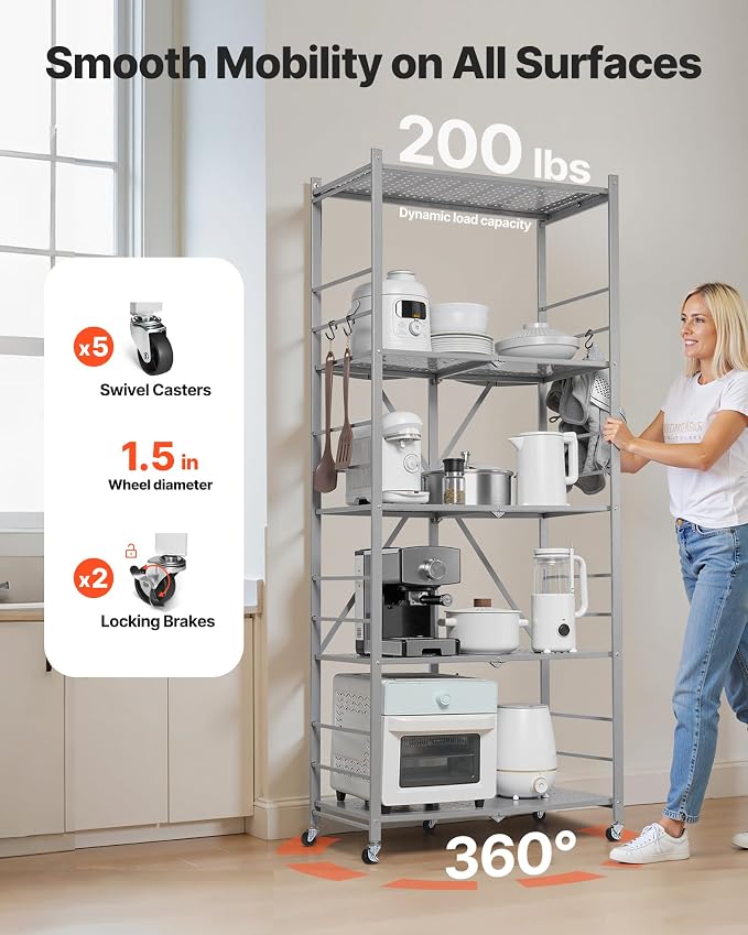 VEVOR 5-Tier Foldable Storage Shelf, 32W x 14D x 72H Inch Folding Metal Rack - Image 6