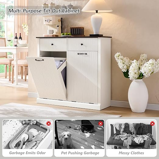 Modern Double Tilt-Out Trash Cabinet, 20 Gallon Fluted Laundry Hamper Cabinet - Image 4