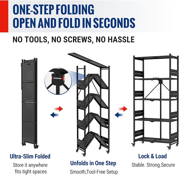 WORKPRO 5-Tier Folding Shelf, No-Assembly Metal Storage Rack - Image 4