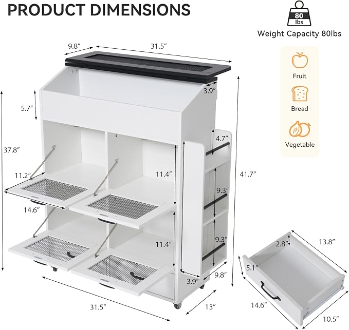 Verano Garden 31.5" Large Potato and Onion Storage Bin on Wheels, Bread Box | - Image 2
