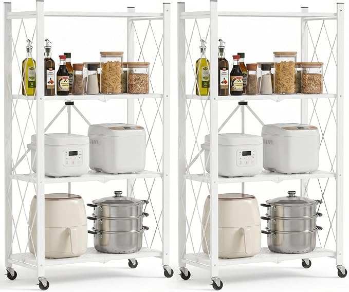 ALANNG 4 Tier Folding Storage Shelf on Wheels, Heavy Duty Metal Rolling Cart | by ALANNG