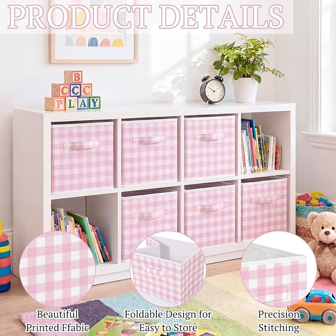 Yalikop 6 Pcs Pink Gingham Cube Storage Bins, 11 Inch Fabric Checkered - Image 3