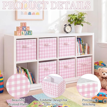 Yalikop 6 Pcs Pink Gingham Cube Storage Bins, 11 Inch Fabric Checkered - Image 3