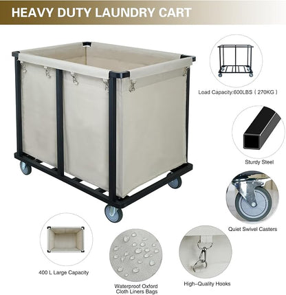 Commercial Laundry Cart with Wheels, 400L Beige | 600 lbs Heavy Duty Laundry - Image 4